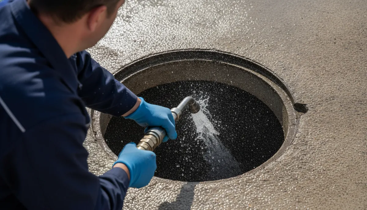 Buse haute pression descendue dans un regard pour l'hydrocurage d'une canalisation