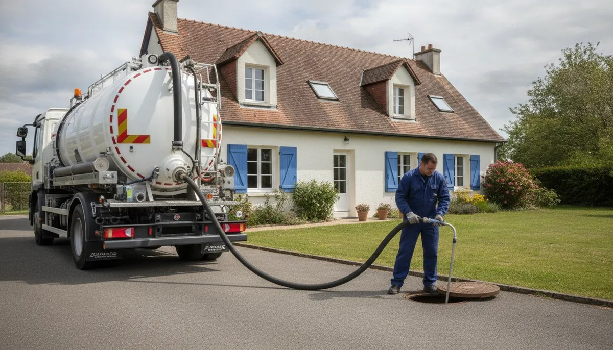 Camion hydrocureur en intervention devant une maison, flexible haute pression déroulé