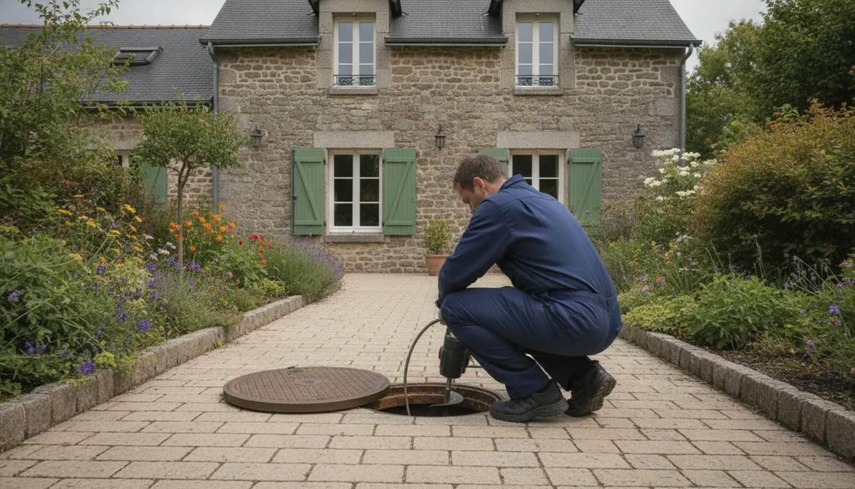 Furet électrique introduit dans un regard d'assainissement devant une maison