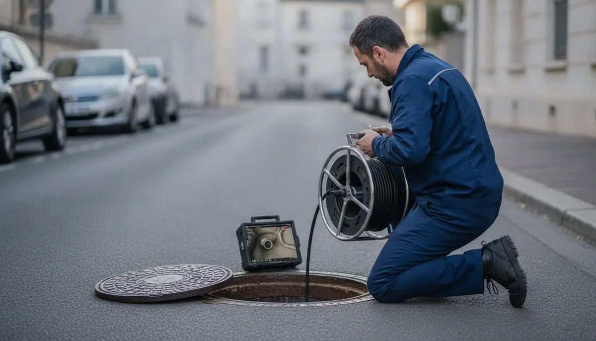Technicien introduisant une caméra d'inspection dans un regard de canalisation